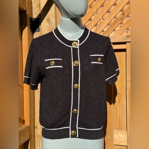 🆕 KARL LAGERFELD 🧿 NWT Black Classic Jacquard Knit Short Sleeve Sweater SzL - Picture 5 of 16